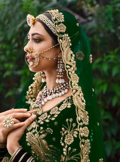 Green Embellished With Embroidered Velvet Partywear Lehenga Choli