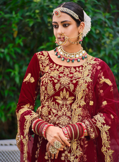 Marron Wedding Wear Floral Embroidered With Stonework Velvet Lehenga Choli