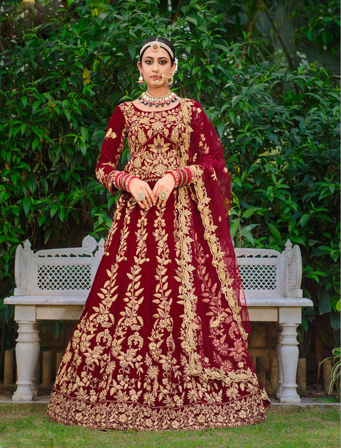 Marron Wedding Wear Floral Embroidered With Stonework Velvet Lehenga Choli