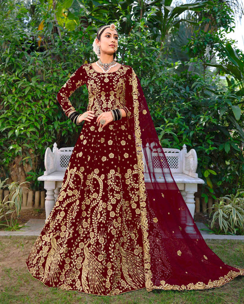 Marron Embellished With Embroidered Velvet Partywear Lehenga Choli