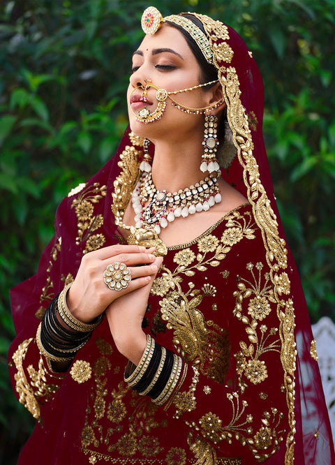 Marron Embellished With Embroidered Velvet Partywear Lehenga Choli