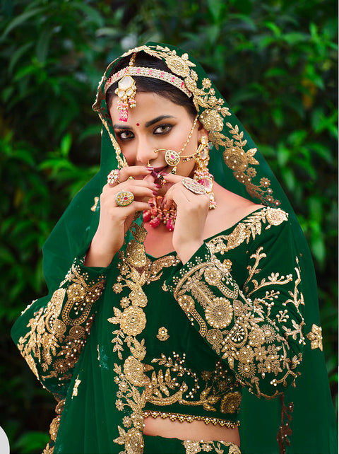 Green Festive Wear Embroidered Velvet Stone work Lehenga Choli