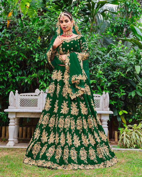 Green Festive Wear Embroidered Velvet Stone work Lehenga Choli