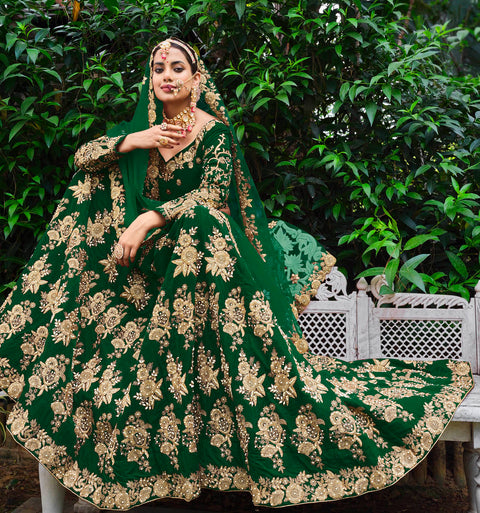 Green Festive Wear Embroidered Velvet Stone work Lehenga Choli