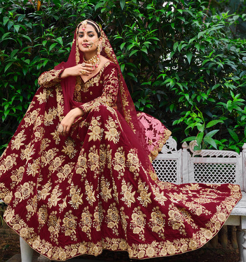 Maroon Festive Wear Embroidered Velvet Stone Work Lehenga Choli