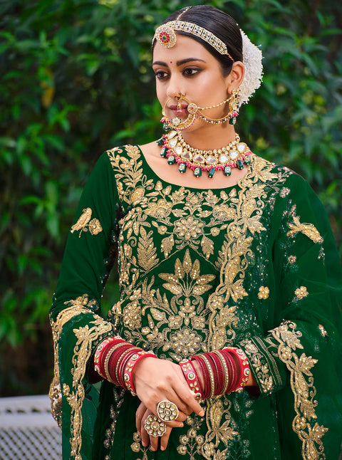 Green Wedding Wear Floral Embroidered With Stonework Velvet Lehenga Choli