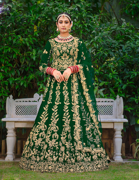 Green Wedding Wear Floral Embroidered With Stonework Velvet Lehenga Choli