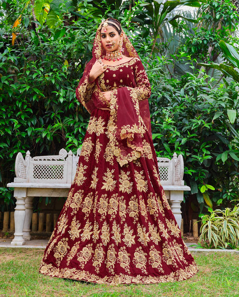 Maroon Festive Wear Embroidered Velvet Stone Work Lehenga Choli