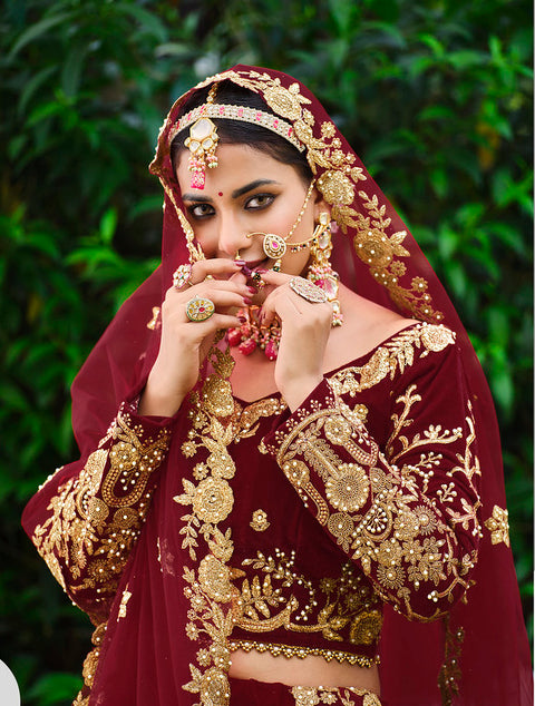 Maroon Festive Wear Embroidered Velvet Stone Work Lehenga Choli
