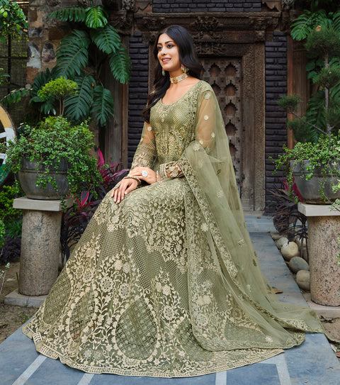 Olive Green Party Wear Embroidered Net Suit
