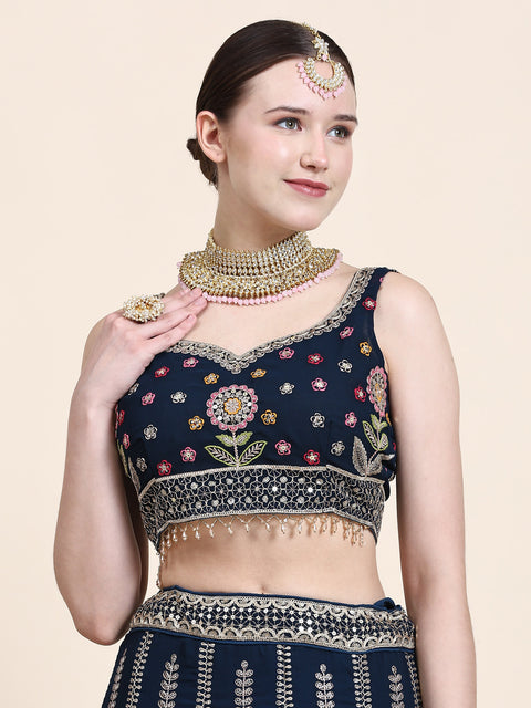 Navy Blue Festive Wear Thread with Sequins Embroidered Georgette Lehenga Choli