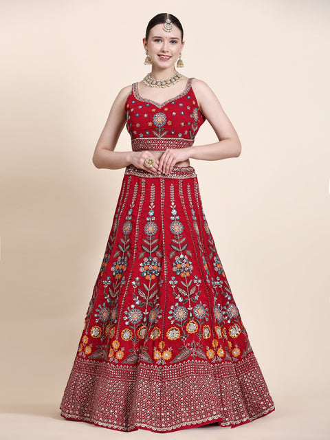 Red Festive Wear Thread With Sequins Embroidered Georgette Lehenga Choli