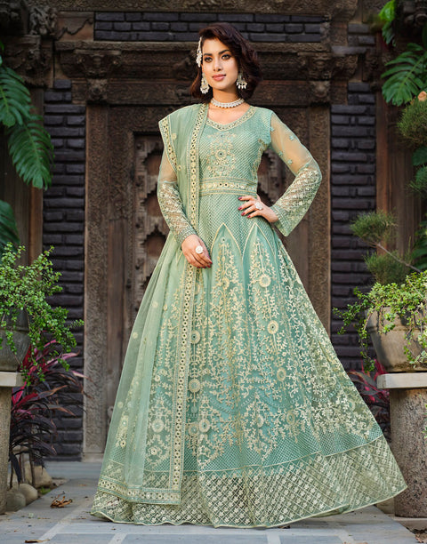 Sea Green Party Wear Embroidered Georgette Suit