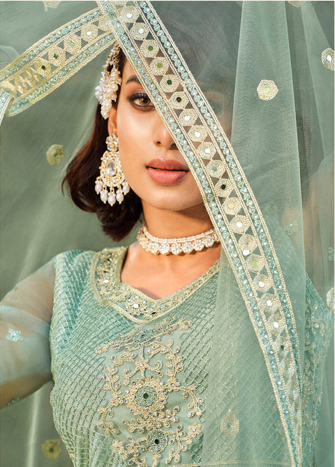 Sea Green Party Wear Embroidered Georgette Suit