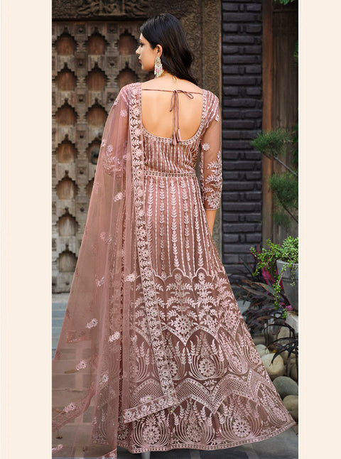 Peach Pink Party Wear Embroidered Net Suit