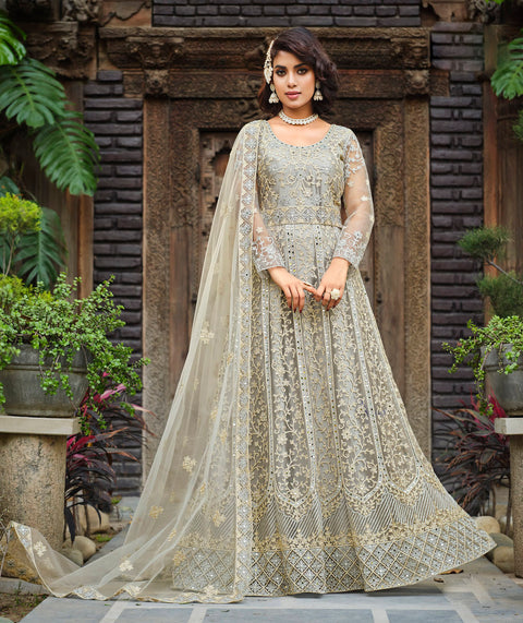 Grey Party Wear Embroidered Net Suit
