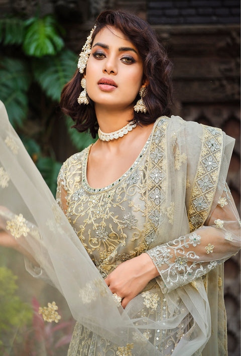 Grey Party Wear Embroidered Net Suit