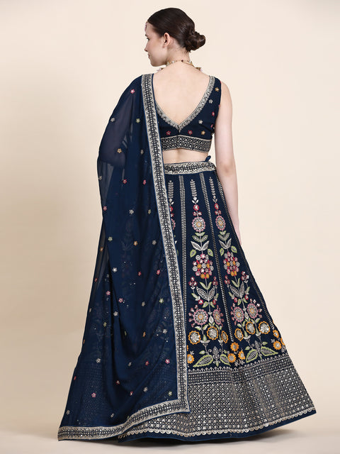 Navy Blue Festive Wear Thread with Sequins Embroidered Georgette Lehenga Choli