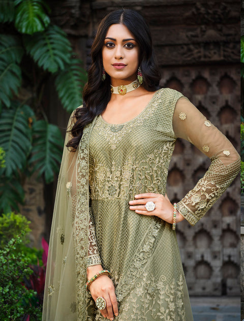 Olive Green Party Wear Embroidered Net Suit