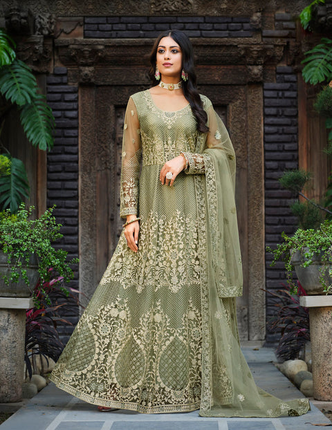 Olive Green Party Wear Embroidered Net Suit