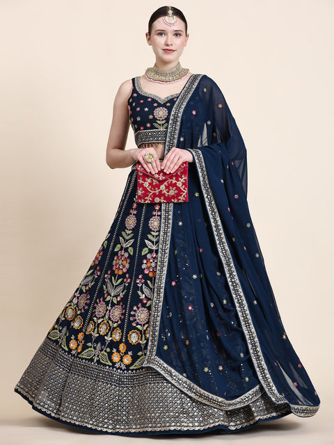 Navy Blue Festive Wear Thread with Sequins Embroidered Georgette Lehenga Choli