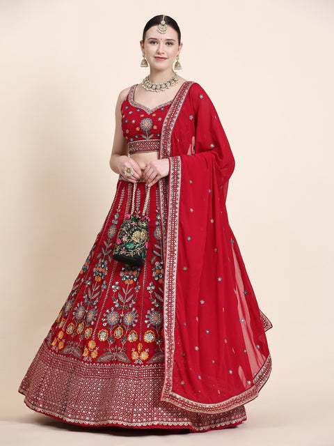 Red Festive Wear Thread With Sequins Embroidered Georgette Lehenga Choli