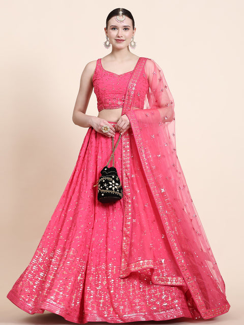 Drak Pink Party Wear Sequins Embroidered Georgette Lehenga Choli