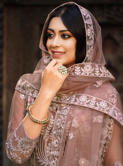 Peach Pink Party Wear Embroidered Net Suit