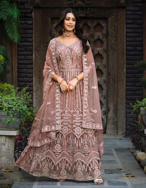 Peach Pink Party Wear Embroidered Net Suit