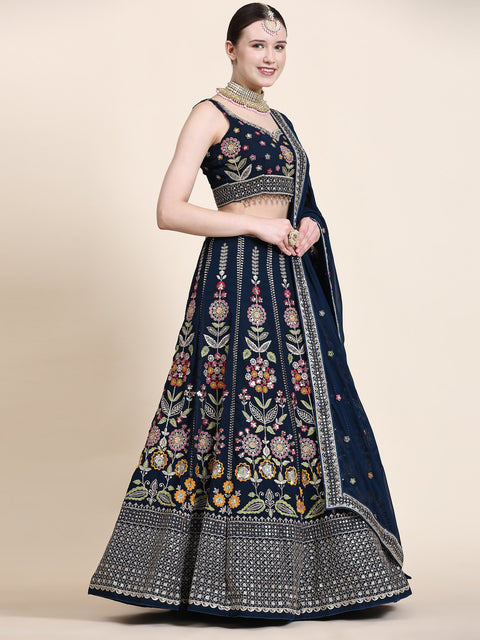 Navy Blue Festive Wear Thread with Sequins Embroidered Georgette Lehenga Choli