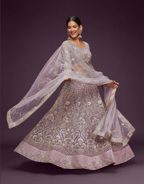 Lilac Purple Lehenga Choli Set In Soft Net With Zari And Thread Work