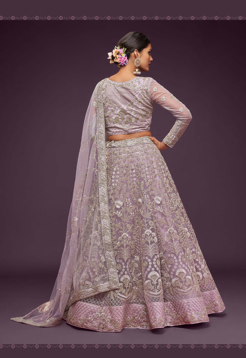 Lilac Purple Lehenga Choli Set In Soft Net With Zari And Thread Work
