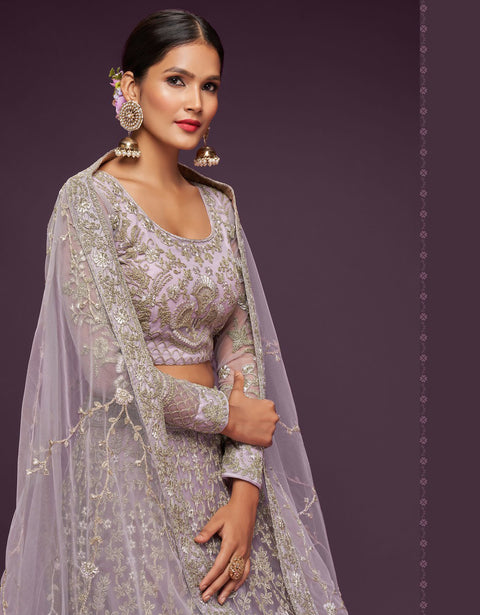 Lilac Purple Lehenga Choli Set In Soft Net With Zari And Thread Work