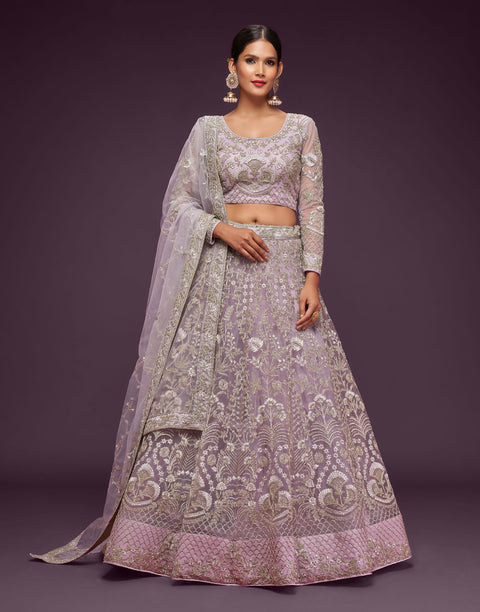 Lilac Purple Lehenga Choli Set In Soft Net With Zari And Thread Work