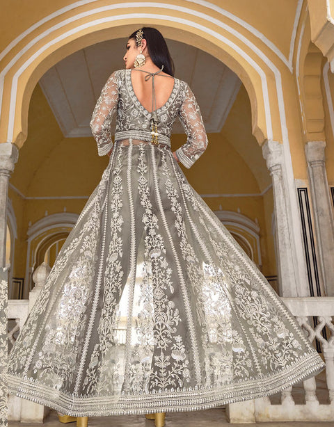 Grey Anarkali Suit With Pent Style Party Wear Suit