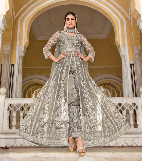 Grey Anarkali Suit With Pent Style Party Wear Suit