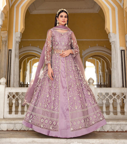 Purple Anarkali Suit With Pent Style Party Wear Suit