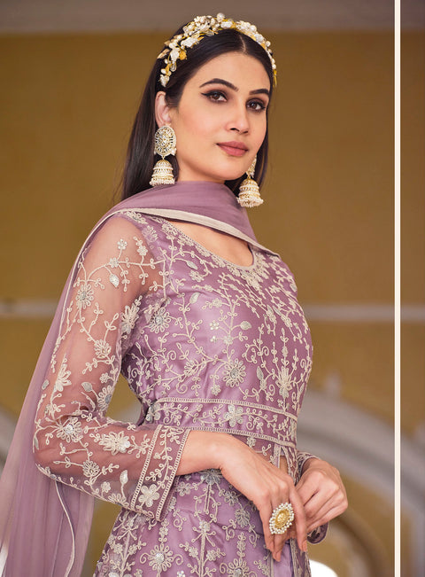 Purple Anarkali Suit With Pent Style Party Wear Suit