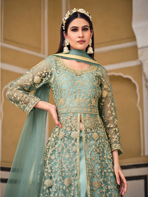 Sea Green Anarkali Suit With Pent Style Party Wear Suit