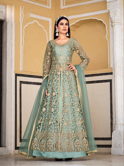 Sea Green Anarkali Suit With Pent Style Party Wear Suit