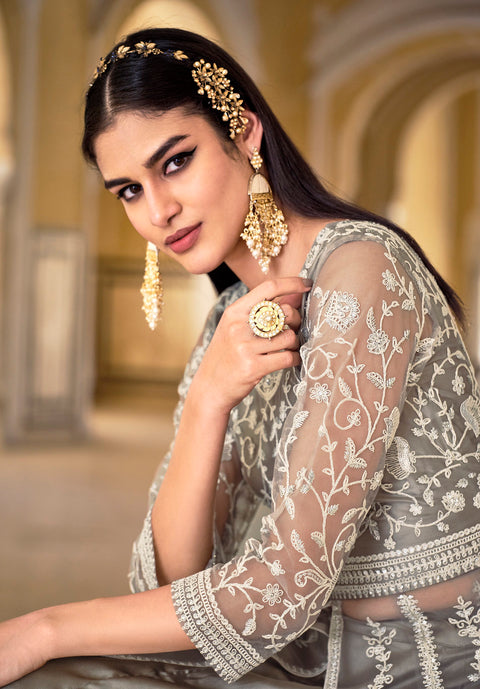 Grey Anarkali Suit With Pent Style Party Wear Suit