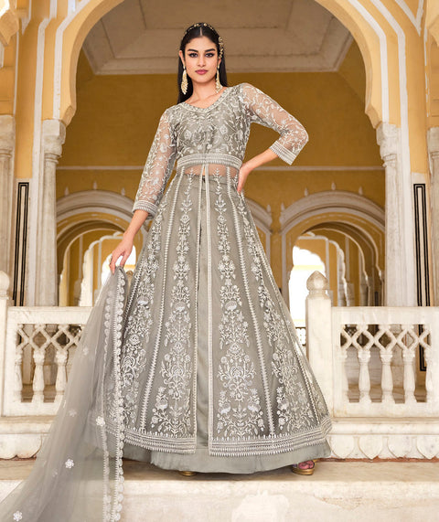 Grey Anarkali Suit With Pent Style Party Wear Suit
