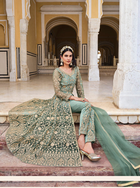 Sea Green Anarkali Suit With Pent Style Party Wear Suit