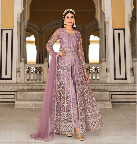 Purple Anarkali Suit With Pent Style Party Wear Suit