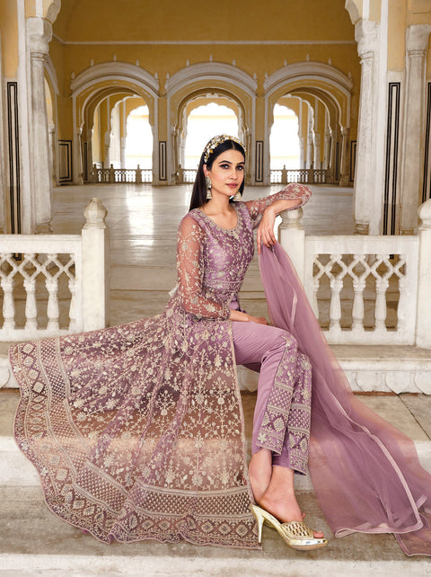Purple Anarkali Suit With Pent Style Party Wear Suit