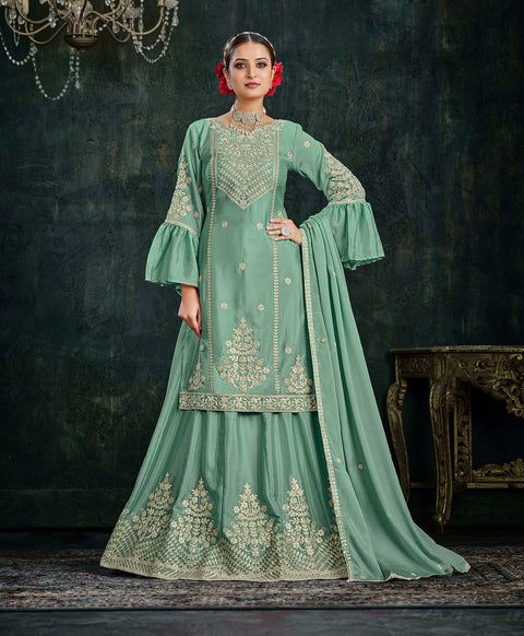 Sea Green Partywear Pitai Work Lehenga Style Suit
