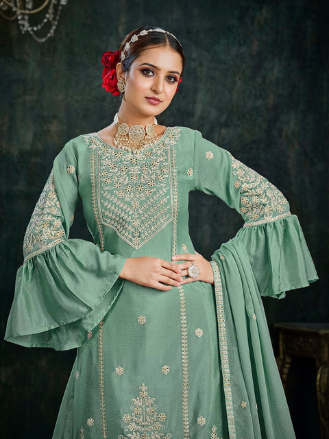 Sea Green Partywear Pitai Work Lehenga Style Suit