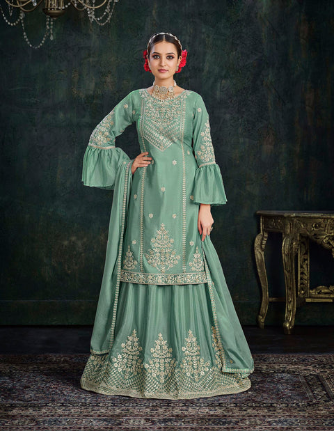 Sea Green Partywear Pitai Work Lehenga Style Suit