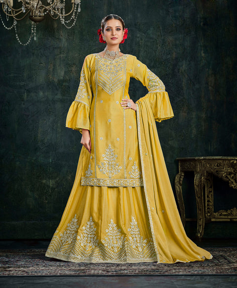 Yellow Partywear Pitai Work Lehenga Style Suit