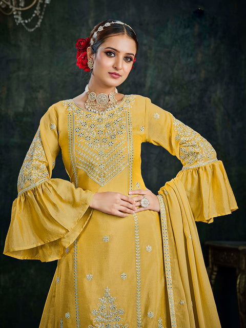 Yellow Partywear Pitai Work Lehenga Style Suit